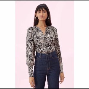 Rebecca Taylor Silk Hidden Leopard Print Button Front Long Puff Sleeve Blouse